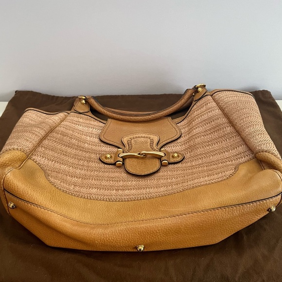 GUCCI Pelham Raffia Tote Authentic Straw Leather Bag - Picture 6 of 7